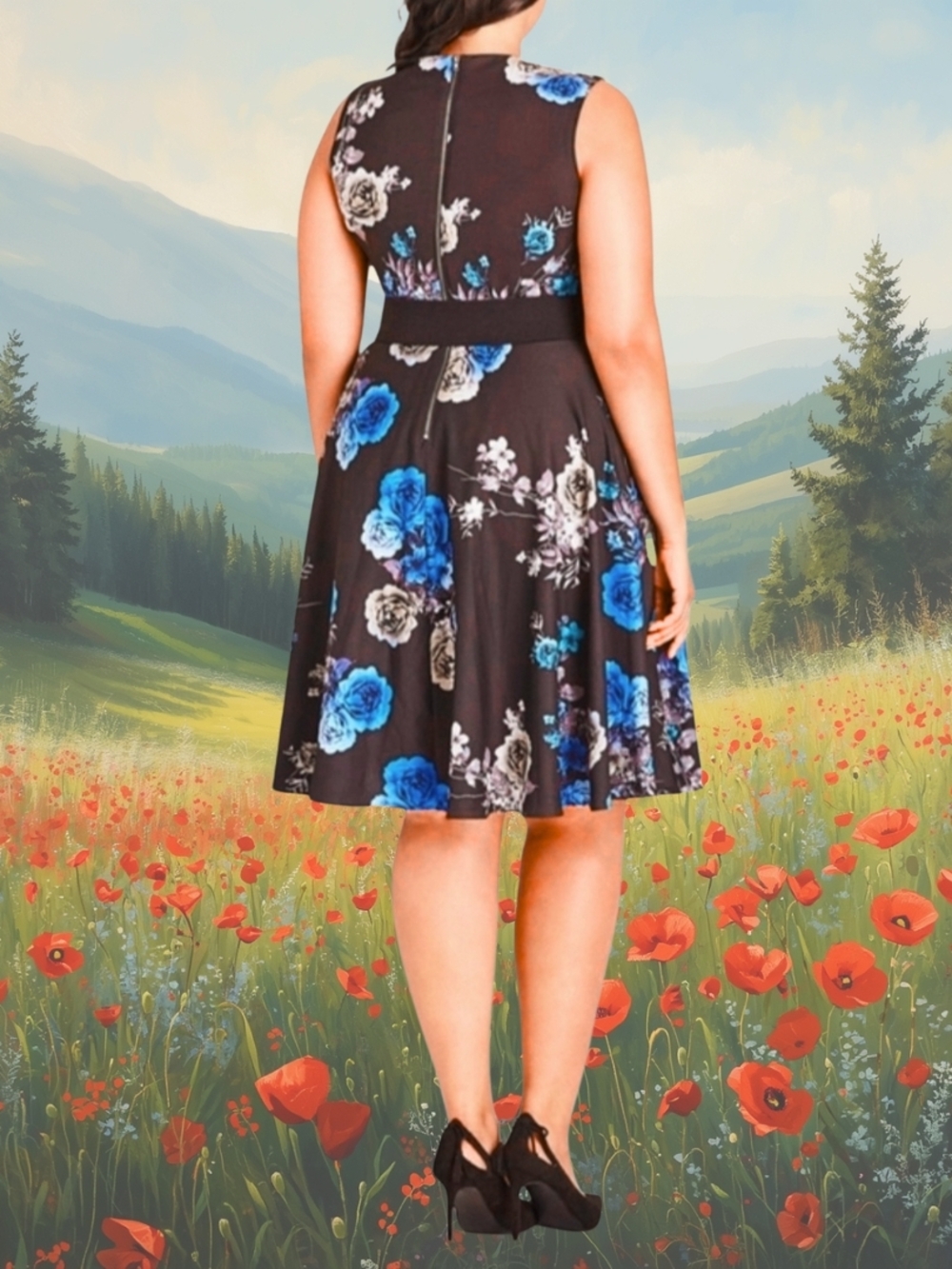 City Chic - Slate Midi Dress with Blue Flowers NWT - Picture 2 of 3